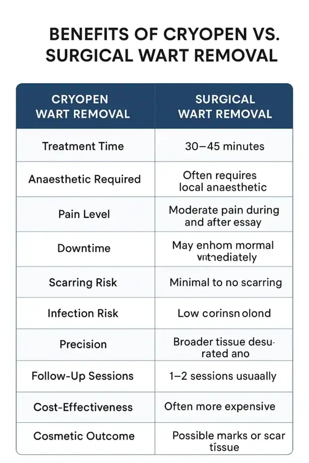 Table showing the benefits of cryopen to remove warts Hertford compared to surgical treatment